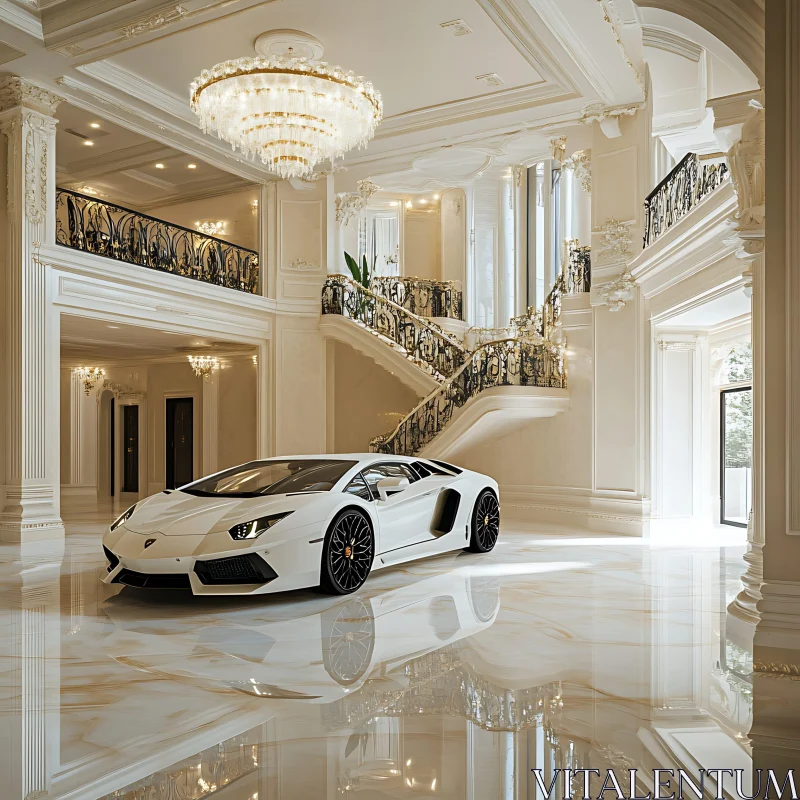 Opulent Mansion Interior with Sports Car AI Image