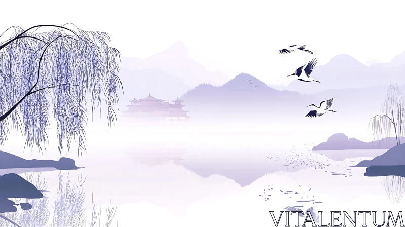 AI ART Birds above water with willow tree