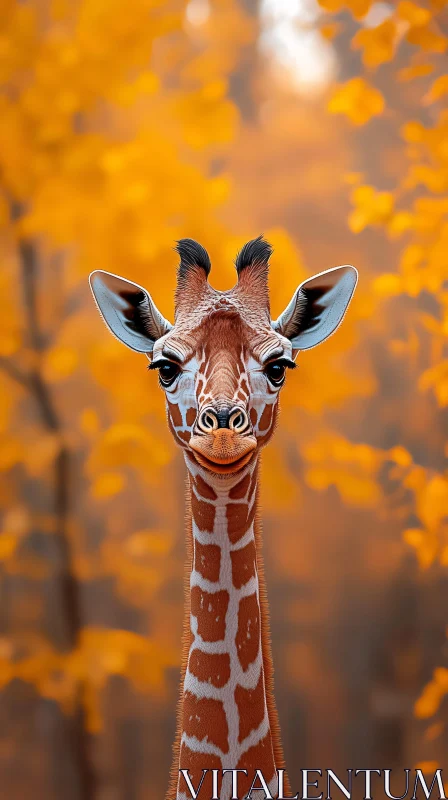 Giraffe Stands in Autumn Leaves AI Image