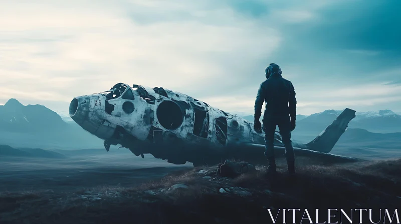 Astronaut Contemplates Crashed Spaceship Remains AI Image