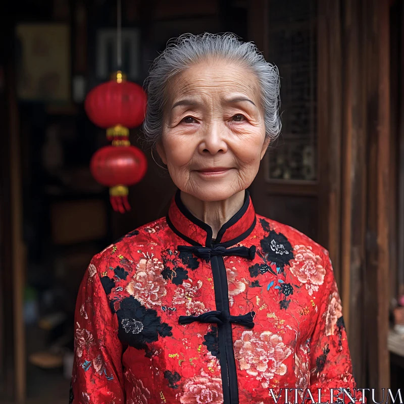 AI ART Serene Silver Haired Woman in Red Floral Dress