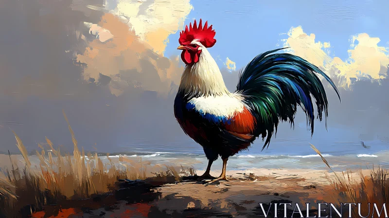 Vivid Rooster Art by the Sea AI Image