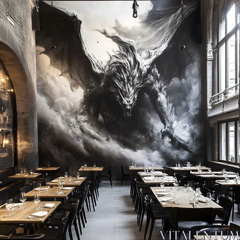 AI ART Monochrome Dragon Mural in Restaurant