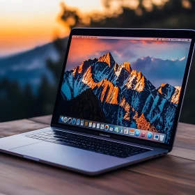 Outdoor Setting with Laptop Displaying Sunset