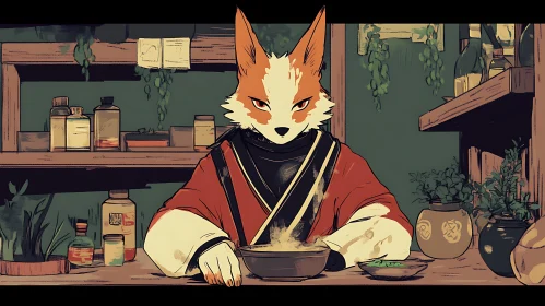 Anthropomorphic Fox in Kitchen