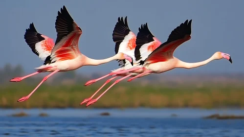 Pink Flamingos Flying Over Water