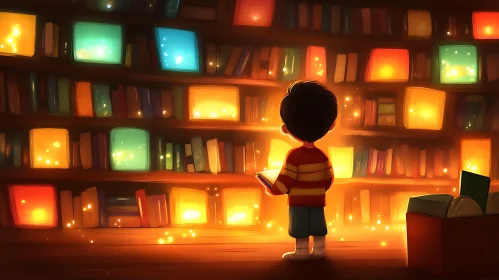 Boy Reading in a Glowing Library