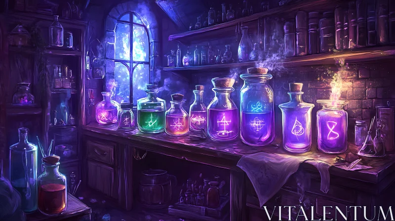 AI ART Glowing Potion Bottles in Magic Lab