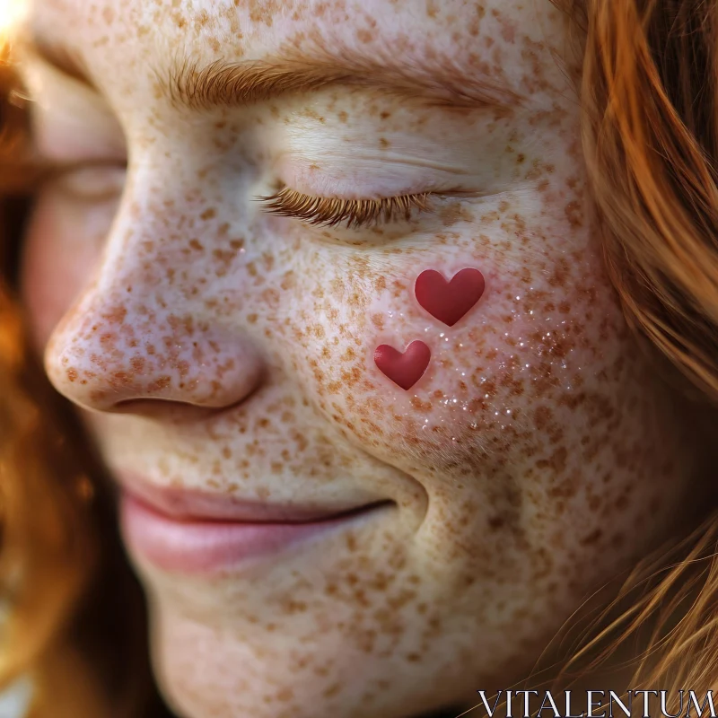 Red-haired Woman with Freckles and Hearts AI Image