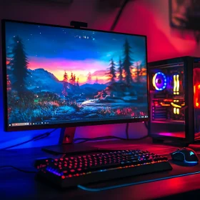 RGB Gaming Setup with Stunning Landscape on Monitor