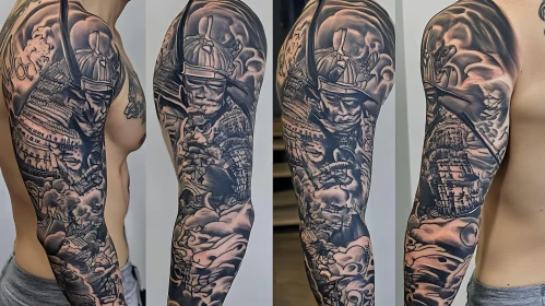 Monochrome Samurai Tattoo Art on Arm