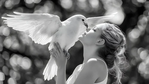Monochrome Image of Woman Holding Dove