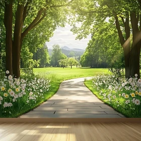 Daisy Path Under Sunlit Trees