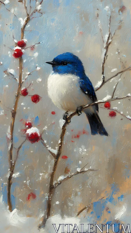 AI ART Winter Bird with Red Berries Art