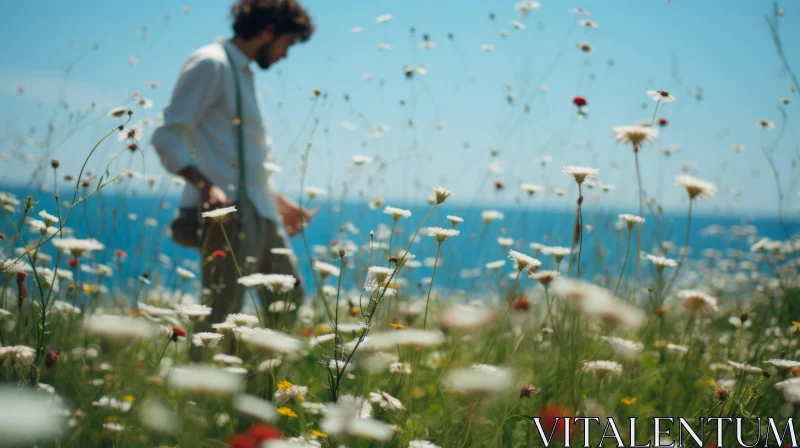 A Dreamy Walk Through a Wildflower Field near the Ocean AI Image