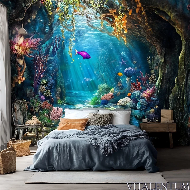 Aquatic Bedroom with Vibrant Coral Reef Wall Art AI Image