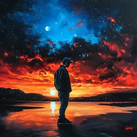 Sunset Reflection with Solitary Figure