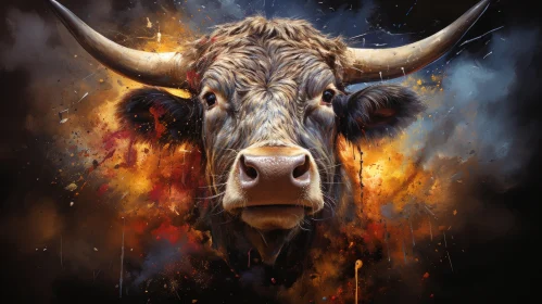 Abstract Bull Painting: Explosive Wildlife Amidst Industrial Smoke