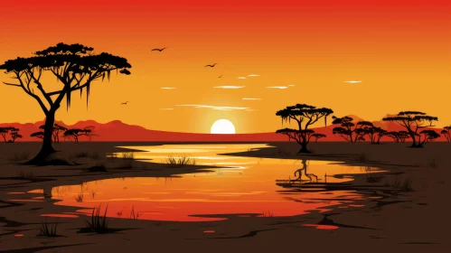 African Sunset Over Savannah - Illustrated Art