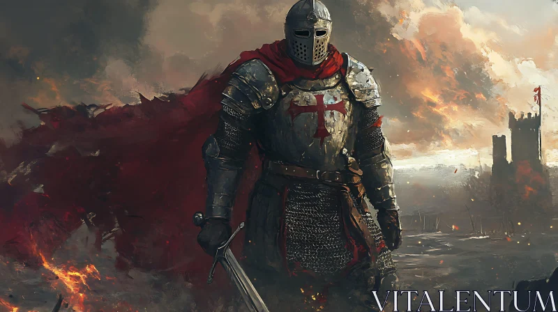 AI ART Medieval Knight with Sword and Red Cape