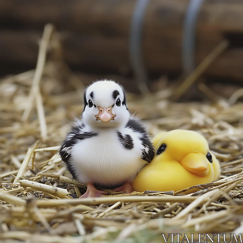 Curious Black and White Duckling and Yellow Duckling on Straw AI Image