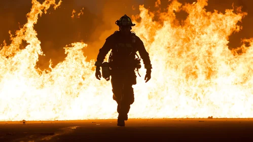 Firefighter Silhouetted Against Massive Flames