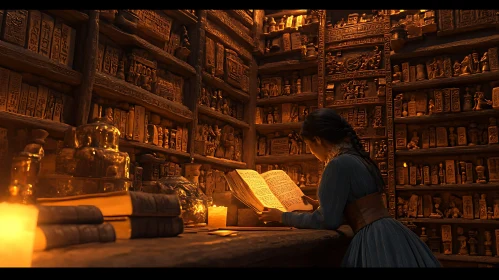 Woman Reading in Old Library