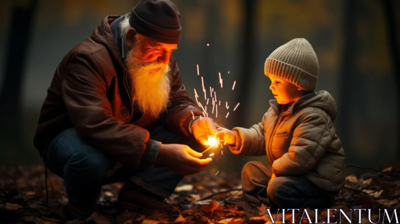 Captivating Moment: Grandfather and Boy Playing with Sparklers in Autumn AI Image