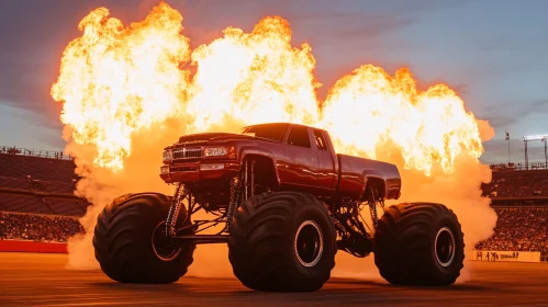 Monster Truck Show with Explosive Flames in Stadium