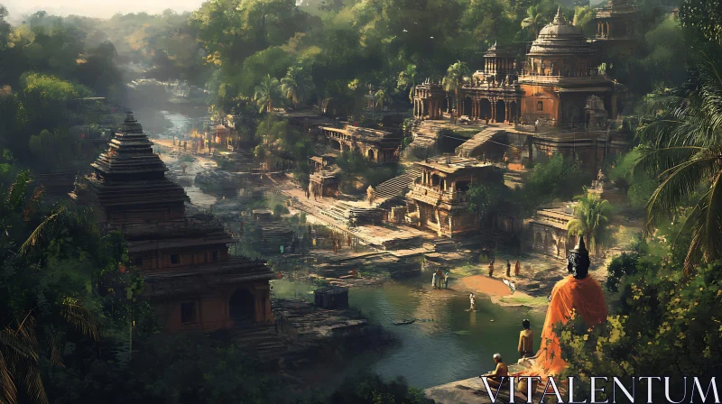 Serene Ancient Cityscape with Temple and Buddha AI Image