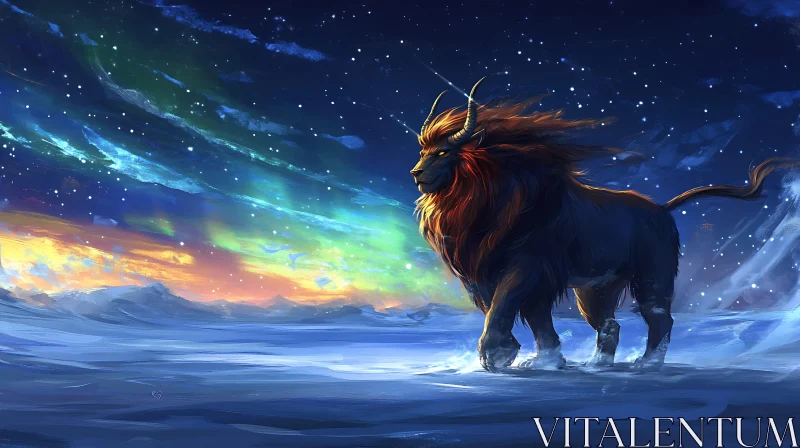 AI ART Fantasy Lion Under Northern Lights