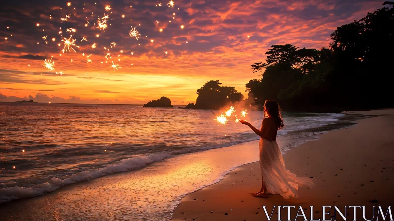 AI ART Beach Celebration with Sparklers at Dusk