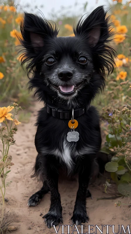 Smiling Dog in Flower Field AI Image