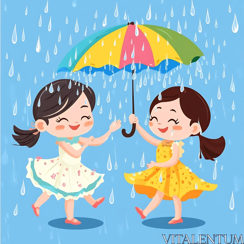 Cartoon Girls Playing in the Rain AI Image