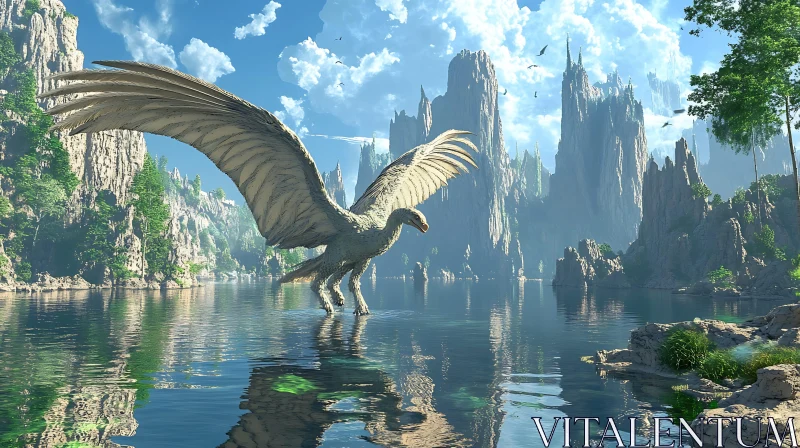 Fantasy Bird in Mountain Lake AI Image