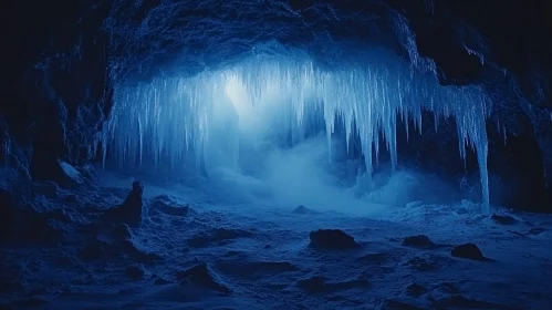 Mystical Frozen Cave with Glowing Blue Light