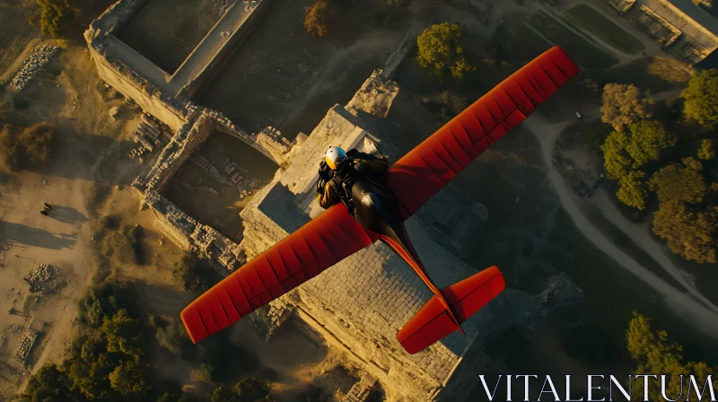 Red Airplane Flying Over Ancient Ruins AI Image