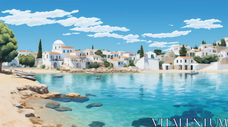 Illustration of Traditional Greek Village by the Sea AI Image
