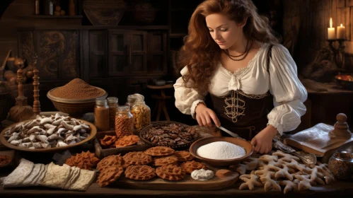 Medieval Fantasy Kitchen Still Life: A Captivating Image of a Woman Preparing Food