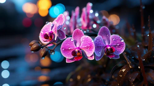 Orchid in Neon Glow: A Rainy Evening City's Photorealistic Capture
