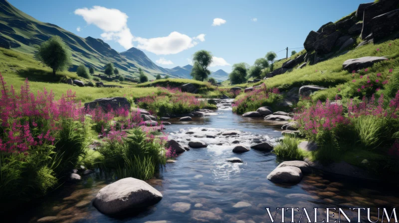 Serene Stream in a Picturesque Valley with Vibrant Flowers | Unreal Engine Landscapes AI Image