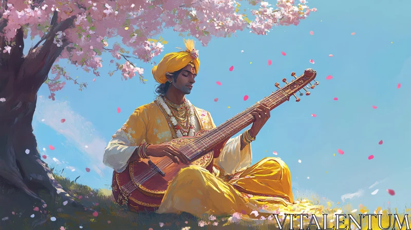 Spring Serenade: Indian Musician's Peaceful Performance AI Image