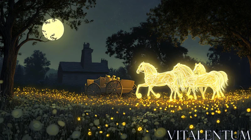 Glowing Horses and Carriage Fantasy Scene AI Image