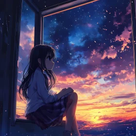 Girl Watching Sunset Anime Style