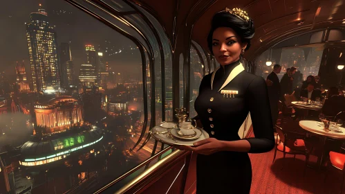 Sophisticated Waitress and Futuristic City View