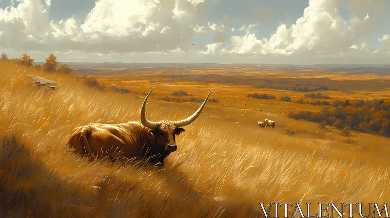 Peaceful Scenery with a Resting Texas Longhorn AI Image