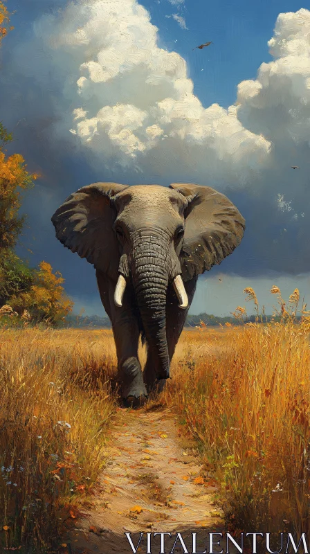 Elephant Walk in Autumn Fields AI Image