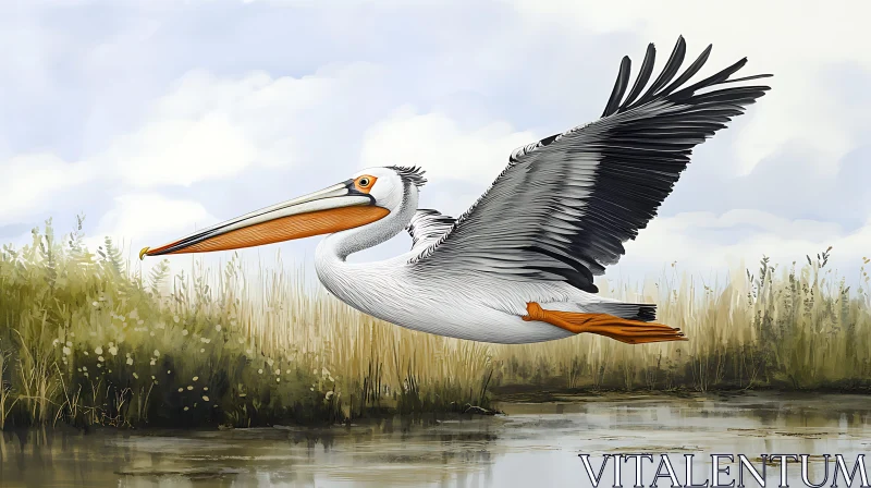 Pelican Flying Above Marshland AI Image