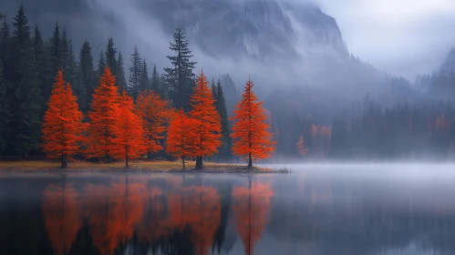 Misty Forest Scene With Striking Red Trees and Lake