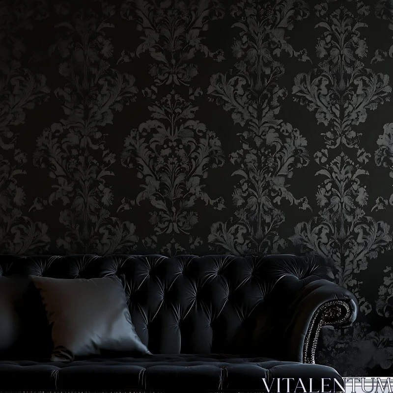 Elegant Black Sofa with Patterned Wallpaper AI Image